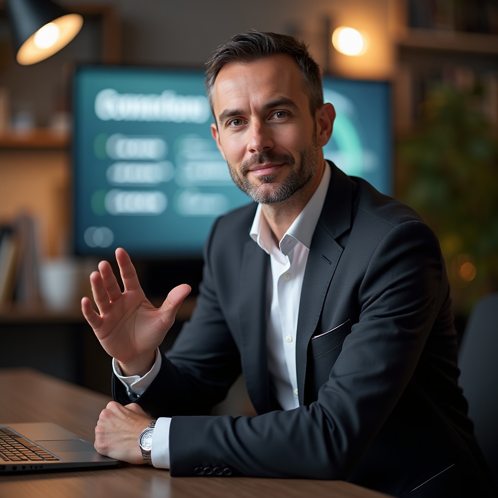 Prowadzący webinar przy ekranie z prezentacją o rynku pracy